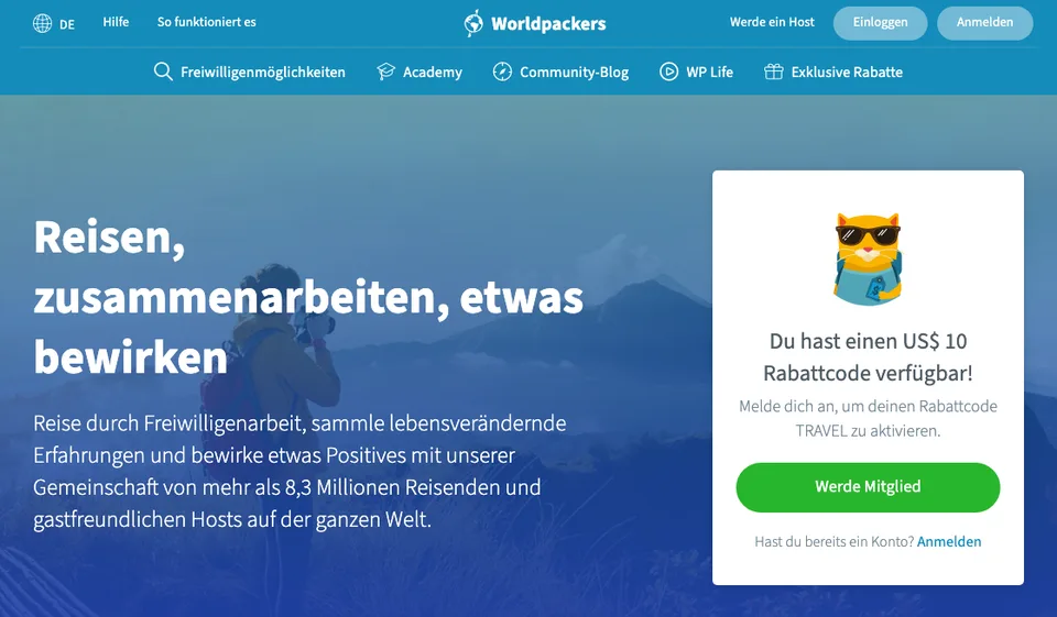 Worldpackers Seite mit 10 $ Rabatt durch den Gutscheincode TRAVEL