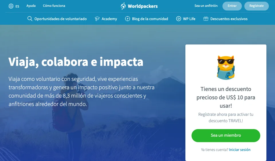 Página de Worldpackers con el descuento de US$ 10 del código TRAVEL