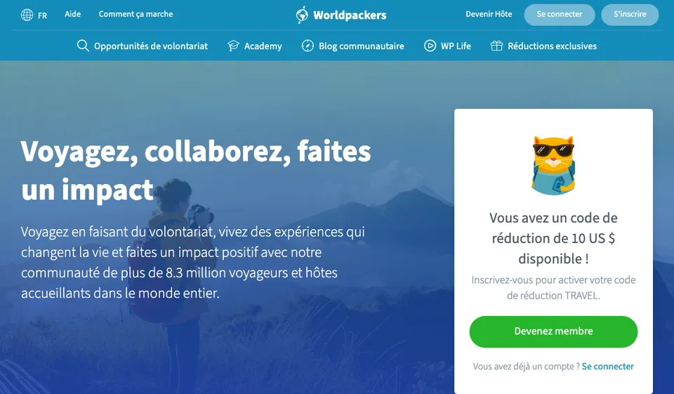 Page Worldpackers affichant la réduction de 10 $ avec le code promo TRAVEL