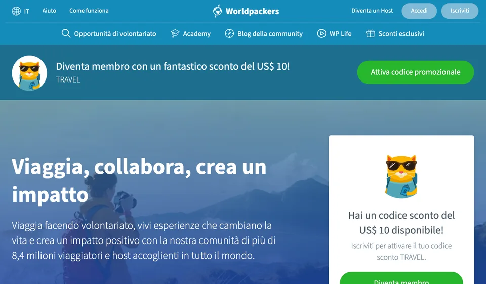 Pagina di Worldpackers con lo sconto di 10 $ del codice promo TRAVEL