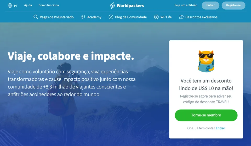 Página da Worldpackers mostrando o desconto de US$ 10 do código promocional TRAVEL